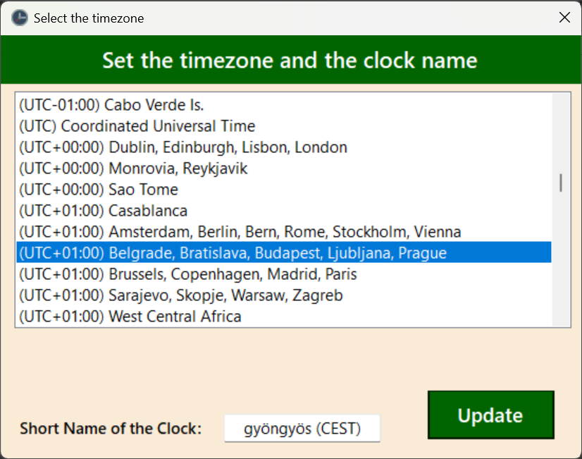 Time zones dialog